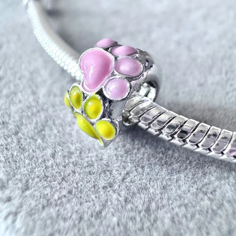 Pink Yellow Paw Print Bead Charm fits PANDORA